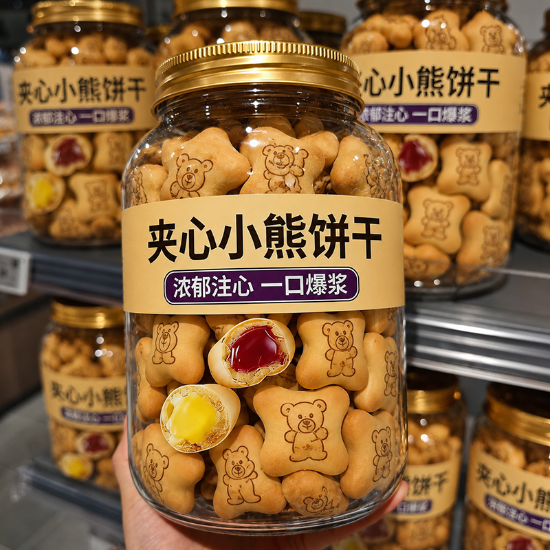 夹心小熊注心饼干爆浆巧克力草莓夹心儿童趣味饼干零食独立小包装