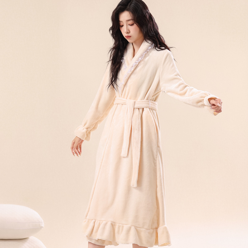 女士秋冬加厚法兰绒睡袍