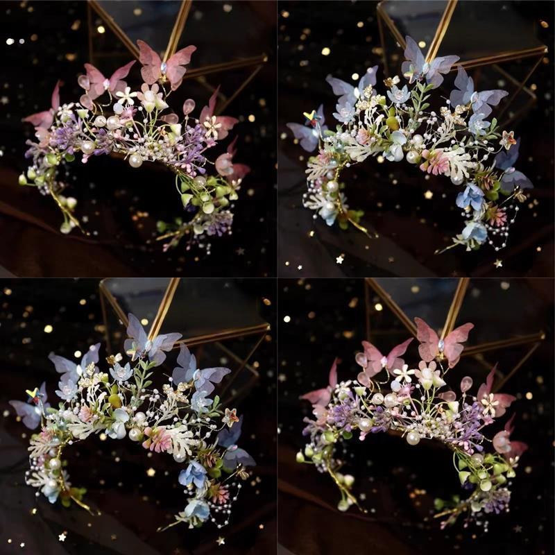 蝴蝶精灵仙子头饰少儿蓝色花环发饰女童演出礼服皇冠王冠发箍