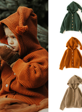 儿童羊毛菠萝格外套2024欧美秋季款男女宝宝连帽针织毛衣保暖舒适