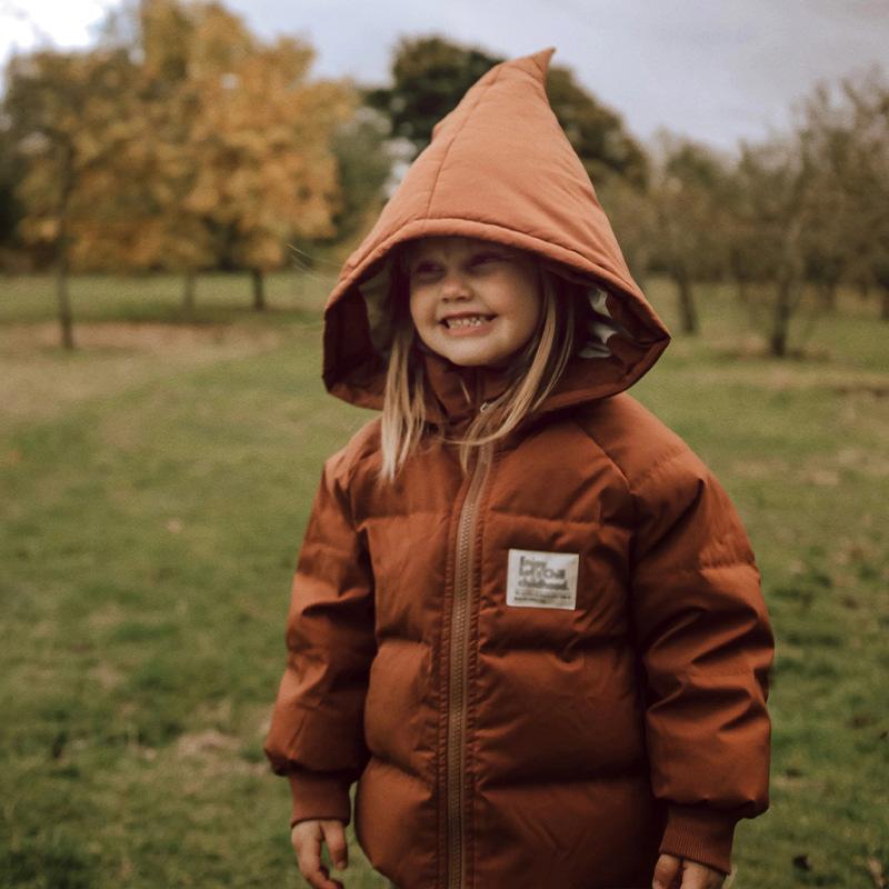 儿童精灵帽羽绒服2024北欧风秋冬新款宝宝冬厚款白鸭绒羽绒外套