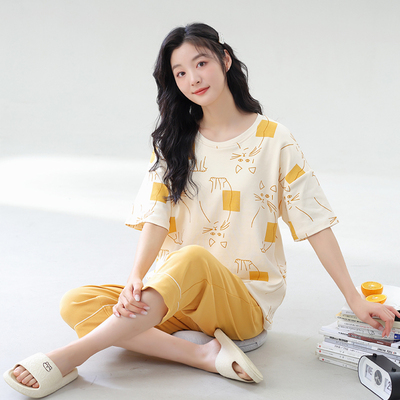 芬腾休闲2026年新款纯棉睡衣女七分裤带胸垫全棉家居服套装可外穿