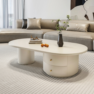 椭圆形法式奶油风现代极简岩板茶几小户型轻奢高级感茶桌客厅家用