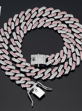 跨境新款粉色蓝色14菱形古巴链锌合金满钻嘻哈hiphop项链男女手链