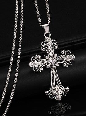 2025春季新款巴洛克风情十字架项链欧美嘻哈吊坠毛衣链挂件潮镶钻