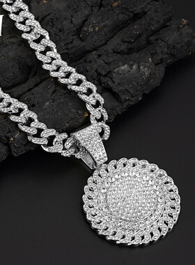 欧美跨境热销古巴链大金粗项链合金满钻圆牌加厚吊坠广州工厂