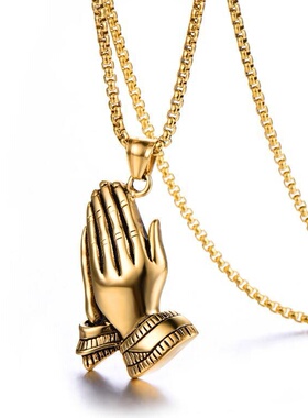 2023新品上市 钛钢不锈钢祈祷吊坠项链金色银色佛手男士吊牌