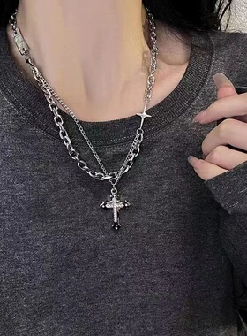 十字架双层拼接项链男女同款小众设计精致简约百搭感嘻哈锁骨