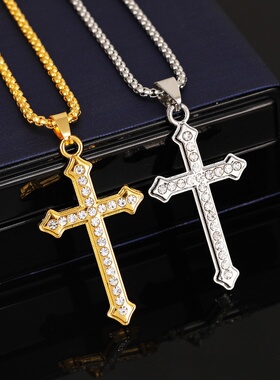 欧美跨境镶钻金色十字架吊坠项饰时尚简约不掉色毛衣链男服饰礼品