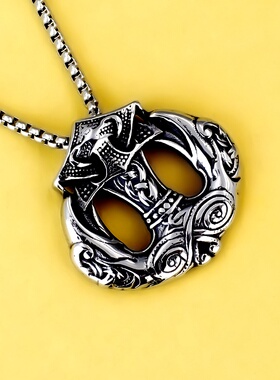 跨境电商热卖款霸气复古钛钢项链男不锈钢雷神之锤项链纹维京配饰