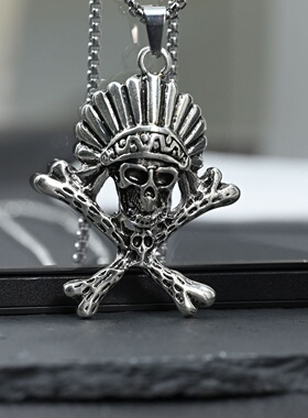 跨境欧美个性潮人钛钢嘻哈项链复古印第安骷髅头男士万圣节首饰批