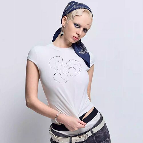 BYBèRAGS*HEART LOGO T-SHIRT 金属烫钻爱心弹力LOGO修身短袖t恤
