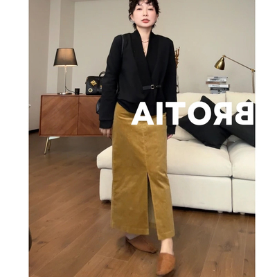 复古棕黄色灯芯绒半身裙女秋冬季