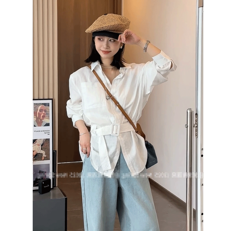 早春韩系穿搭系腰带白色衬衫女2025新款收腰显瘦休闲气质长袖上衣