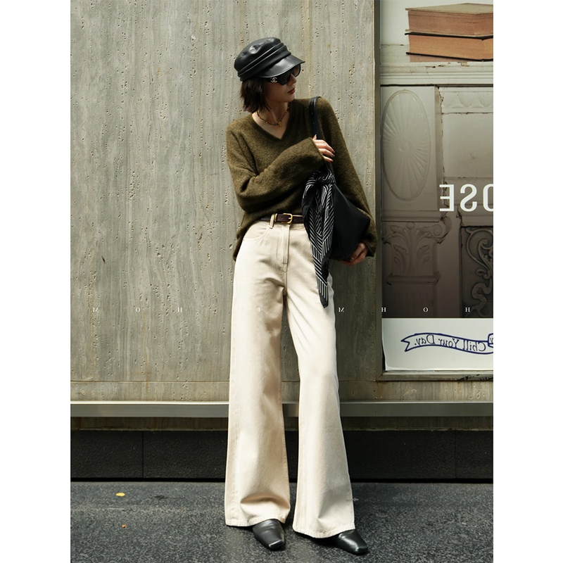 米白色牛仔裤女秋季高腰老钱宽松