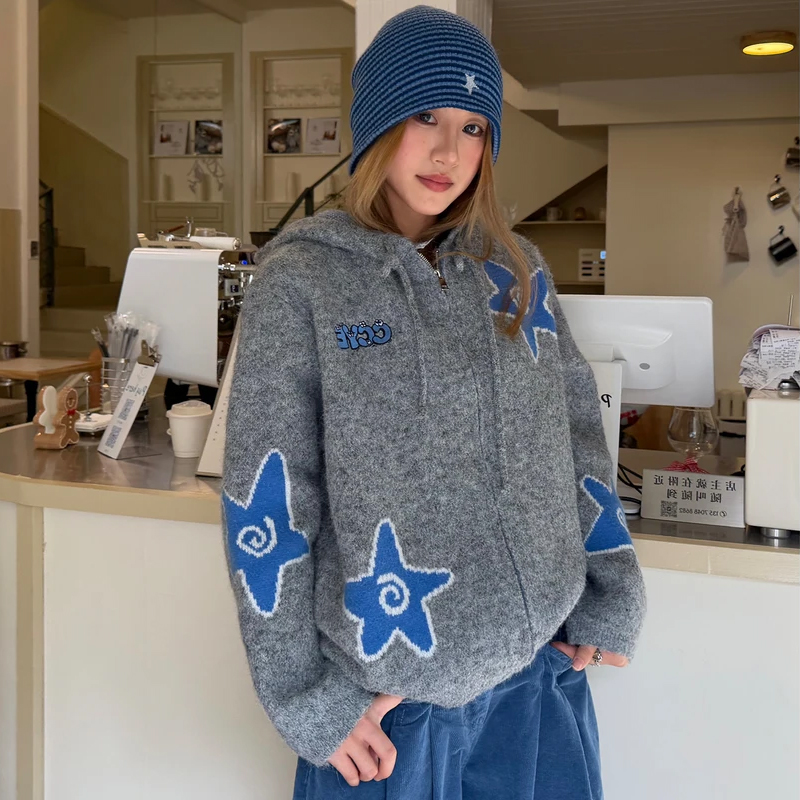 星星图案连帽毛衣外套女秋冬宽松
