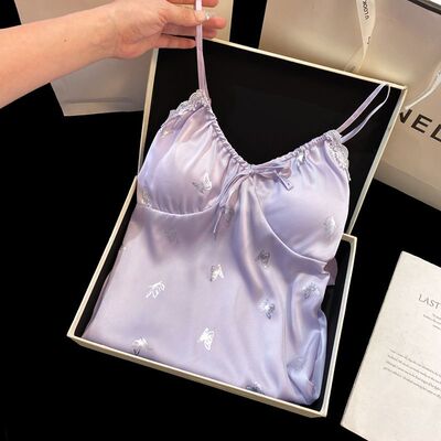 紫色纯欲性感缎面蝴蝶睡裙带胸垫