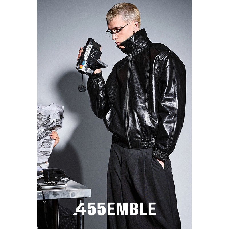 455emble真皮夹克小羊皮夹克油蜡皮翻领立领两穿短夹克男士外套
