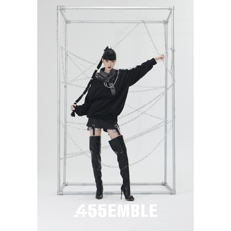 455EMBLE 牛仔腰头领口拼接卫衣 480克 男女同款秋季潮流卫衣