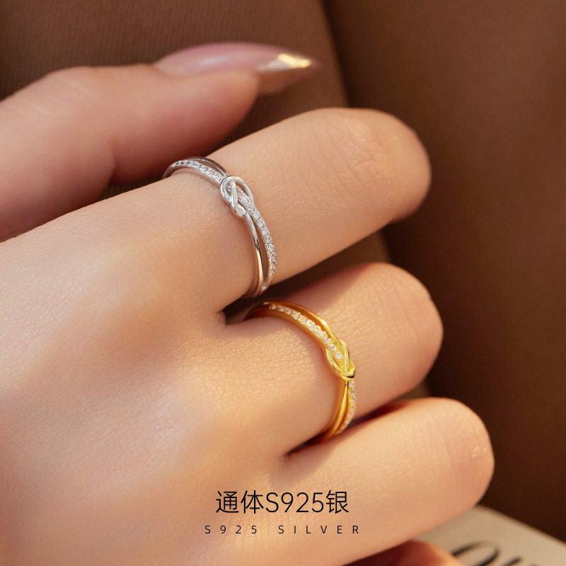 日系TopWhitS925银双环打结戒指女小众素圈镶钻开口食指戒高级