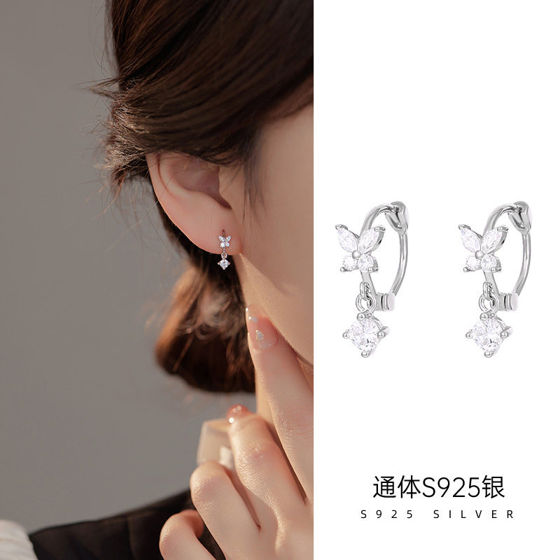 日系topwhit925银闪钻蝴蝶耳扣女简约时尚甜美小清新百搭气质