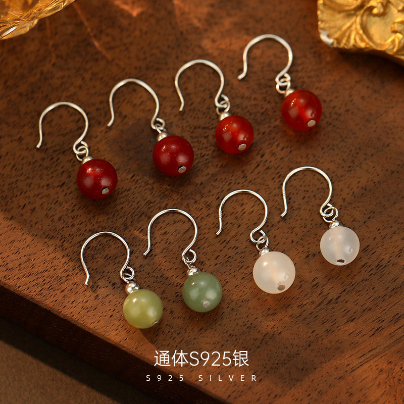 日系topwhit925银和田玉耳钩耳环女新中式国潮复古风玛瑙耳坠