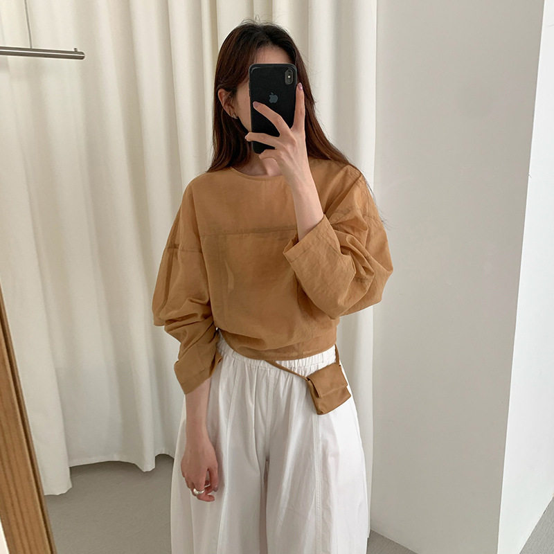 法国chrry koop 薄透防晒衬衫女夏季不规则系带圆领套头长袖上衣
