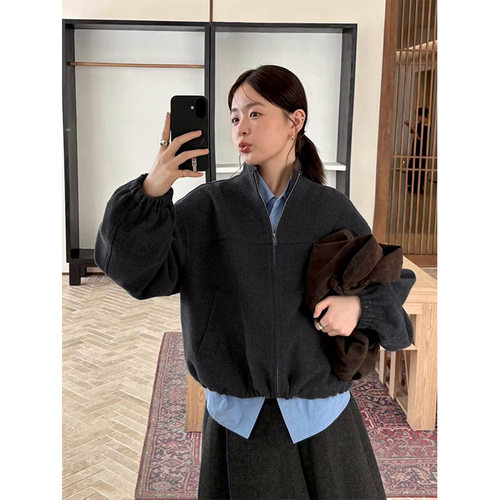 法国chrry koop 休闲学院毛呢拉链外套女冬季立领宽松抽绳厚上衣