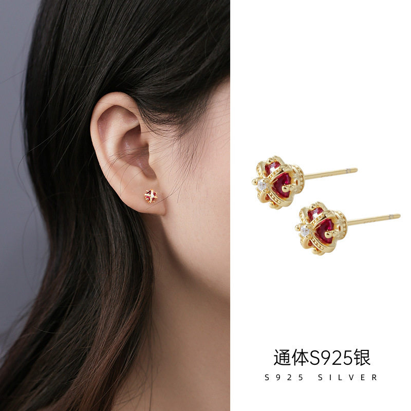 日系topwhit925银红色手杖耳钉女轻奢复古皇冠设计感锆石耳环