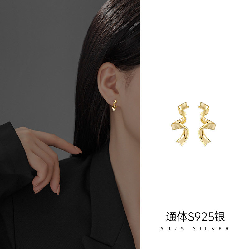 日系TopWhitS925银扭曲长款耳坠耳环女法式不规则扭纹高级感耳钉