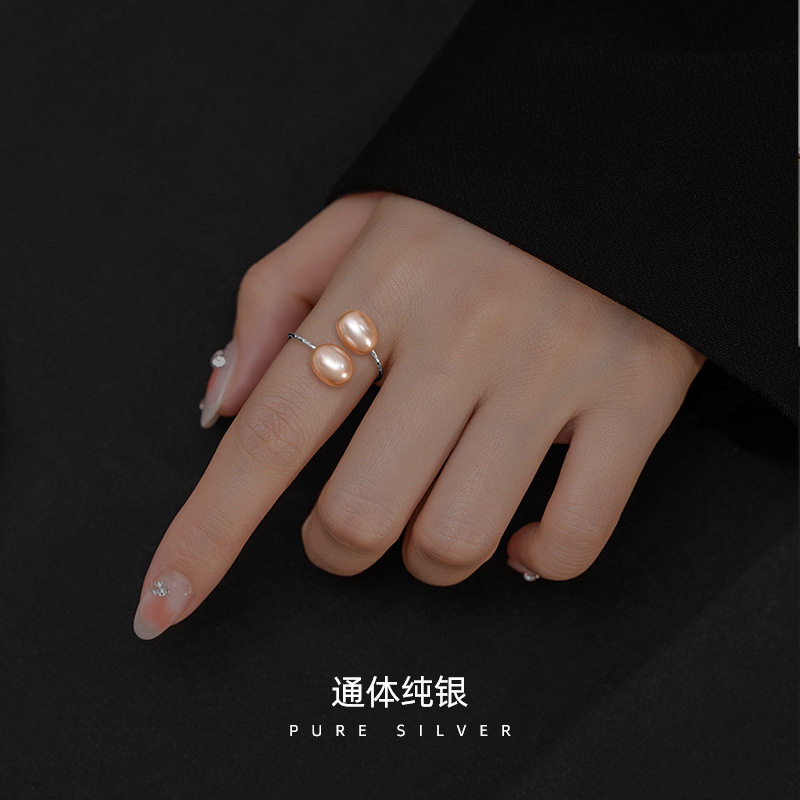 日系topwhits925银珍珠戒指女冷淡风气质手饰小众设计车花个性
