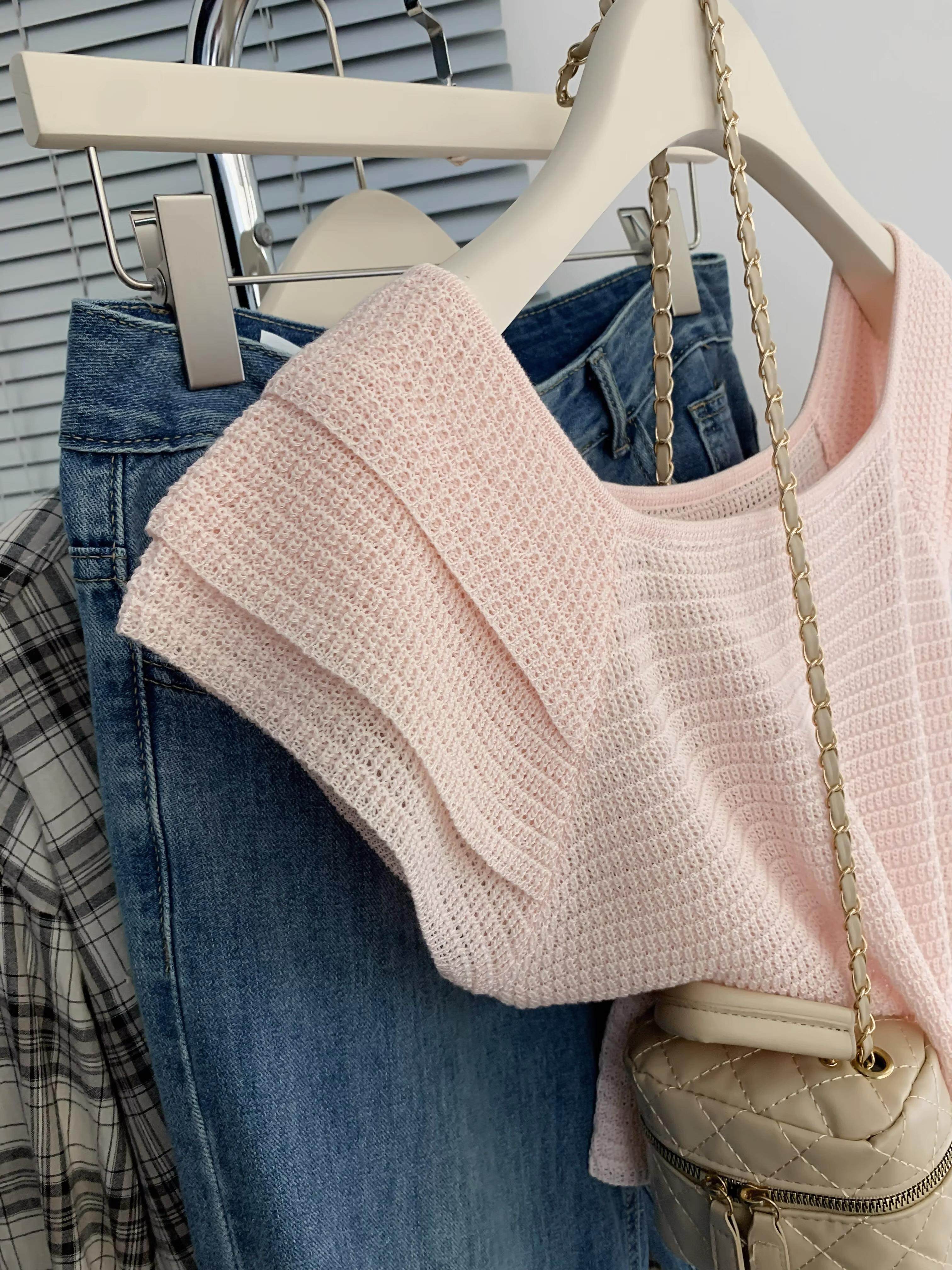 sandro moscoloni粉色袖针织衫t恤薄款空调衫高级感针织短袖上衣