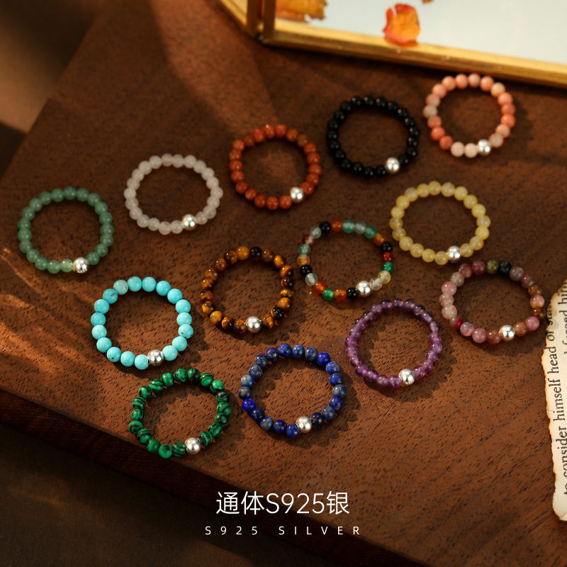 日系TopWhitS925银彩色水晶串珠戒指女复古手串单珠玛瑙孔雀石