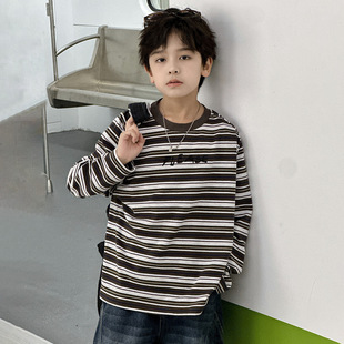 中大童男装一米二三四五六年级七6八九十岁小孩春衣服条纹长袖t恤