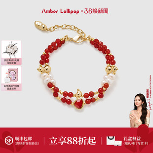 AmberLollipop红玛瑙手链女双层叠戴珍珠手串本命年礼物 葫系列