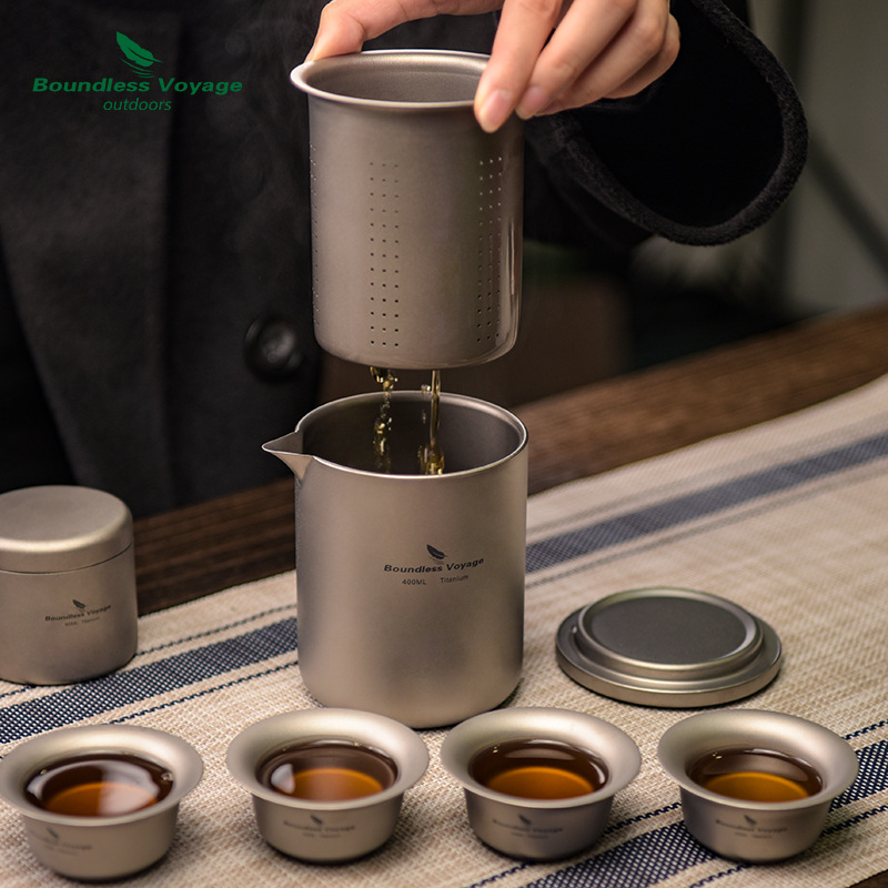 必唯纯钛旅行茶具套装鹰嘴泡茶器双层茶杯茶壶防烫轻量便携