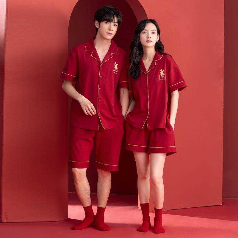 官方正品7A抗菌红色情侣睡衣夏季凉感纯棉短袖短裤开衫结婚喜庆全