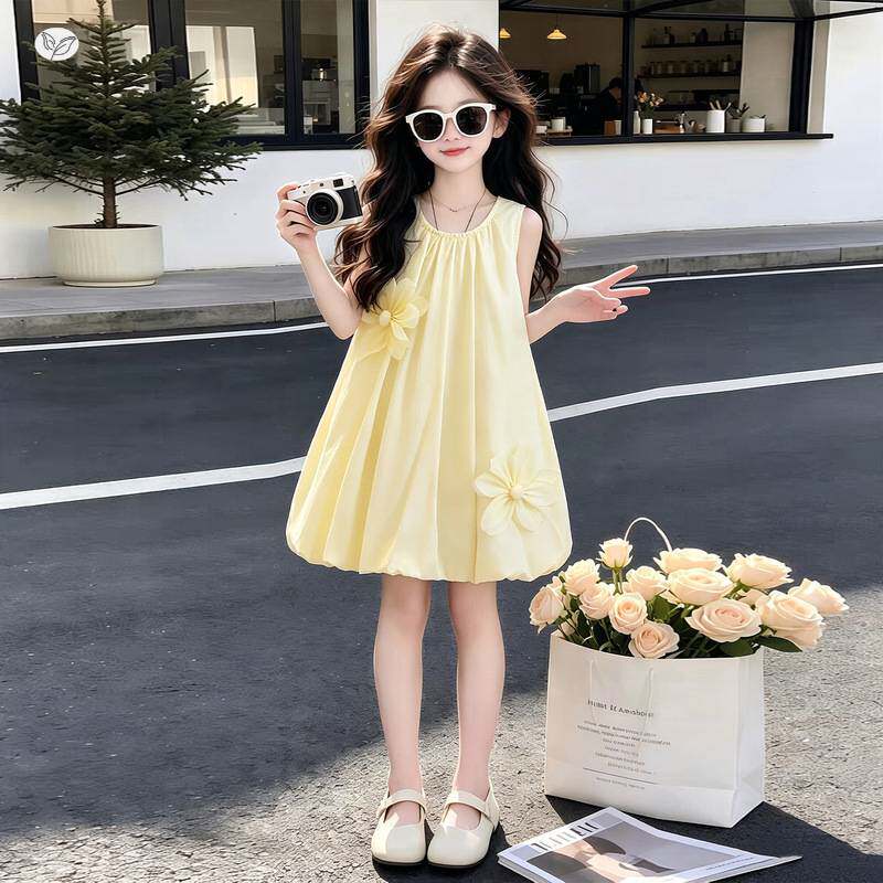 官方正品女童黄色连衣裙2026夏新款中大童立体花朵背心裙花苞裙蓬