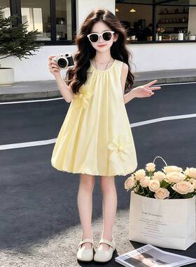 官方正品女童黄色连衣裙2026夏新款中大童立体花朵背心裙花苞裙蓬