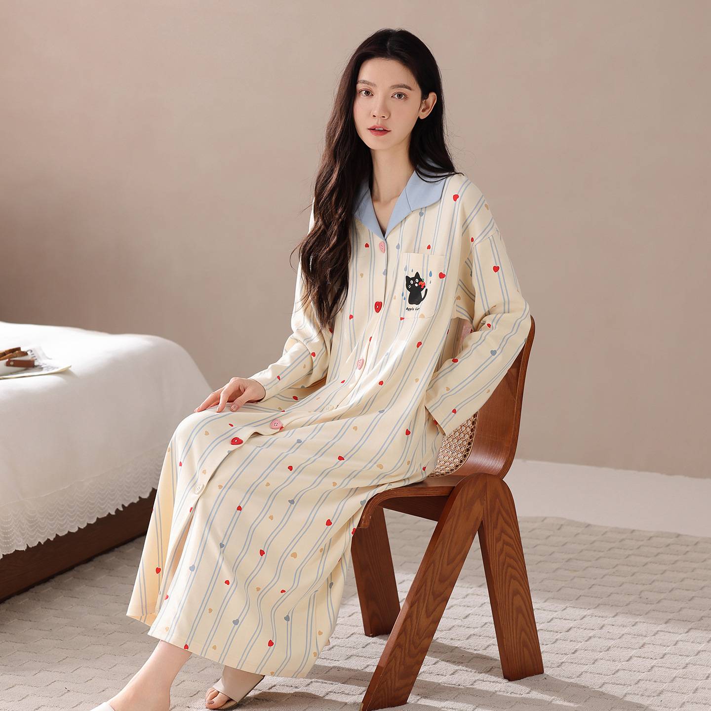 官网正品睡裙女士春秋季纯棉长袖中长裙连衣裙2025新款宽松甜美可
