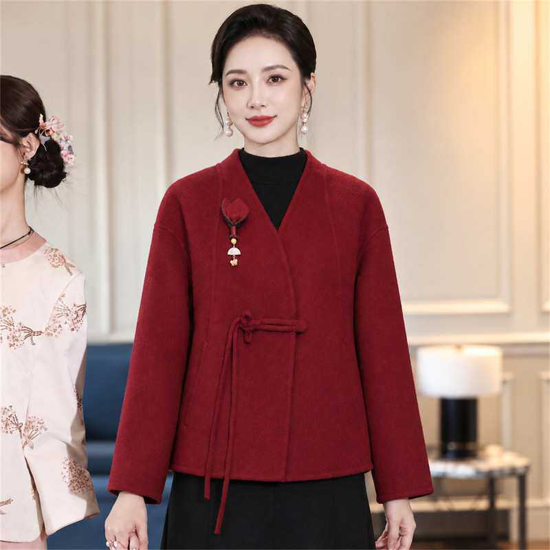 官方正品新中式喜妈妈婚宴装外套女秋冬新款中年女装高档红色呢子