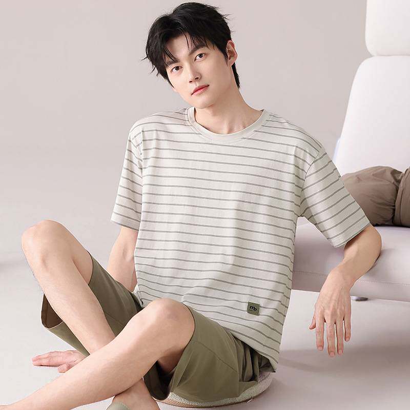 官方正品男士睡衣男夏季纯棉短袖短裤夏天薄款条纹休闲大码家居服
