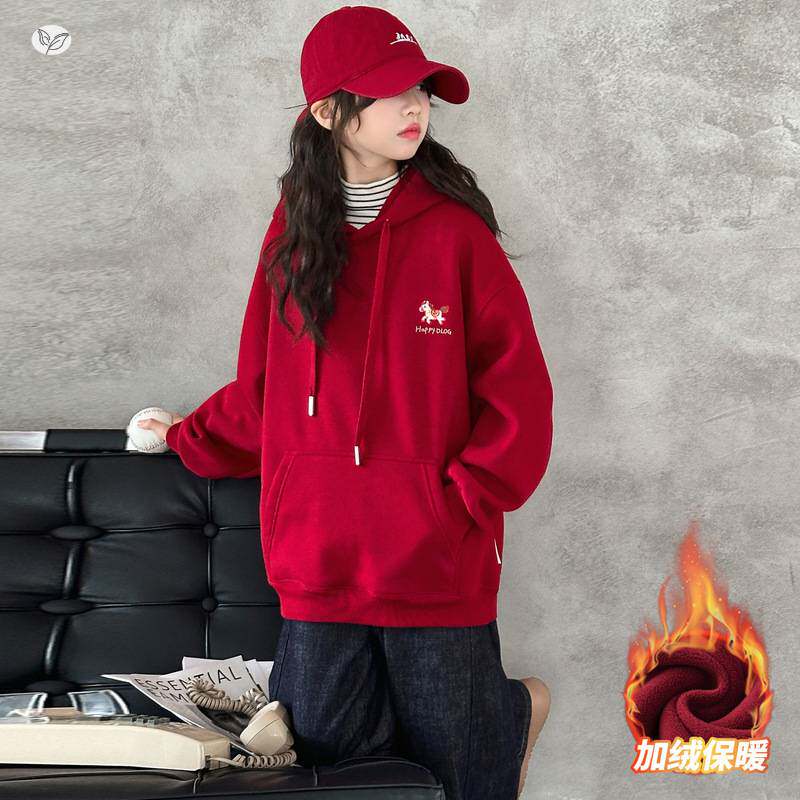 官网正品女童加绒连帽卫衣2025年秋冬新款卡通刺绣套头衫中大童新