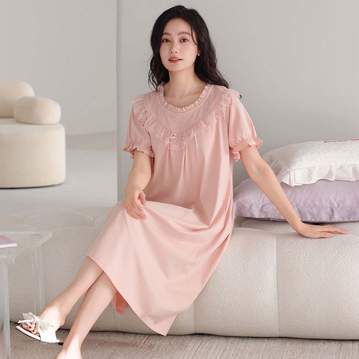 官方正品纯棉睡衣女款夏季短袖带胸垫睡裙2026新款中长裙可外穿夏