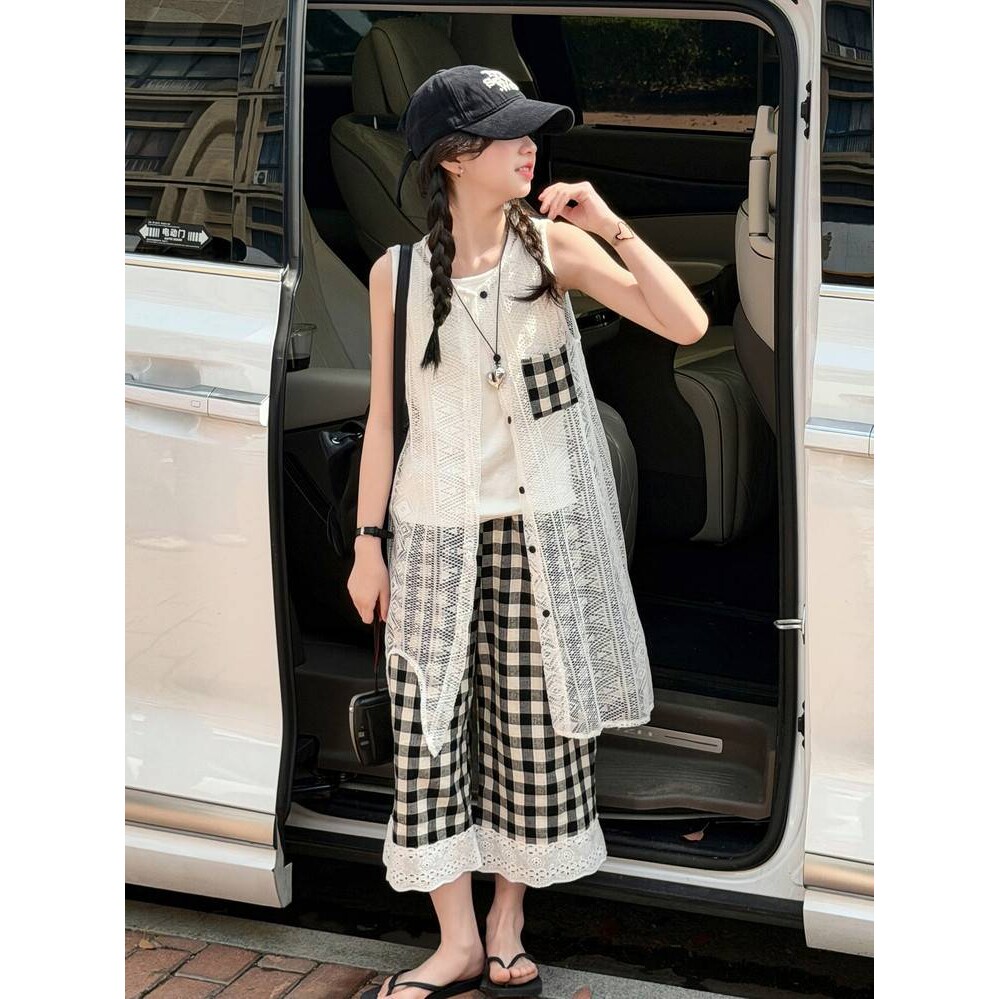 官方正品女童夏季套装韩版中大童薄款蕾丝罩衫时髦儿童背心格子裤