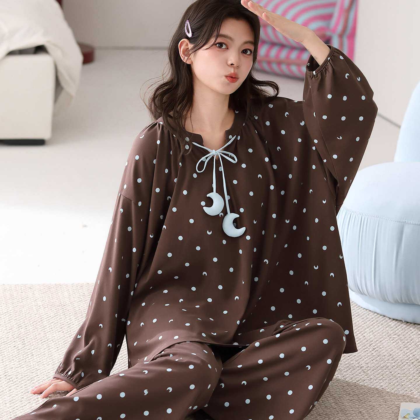 官方正品100%纯棉睡衣女秋季长袖大码甜美公主风女款波点家居服可
