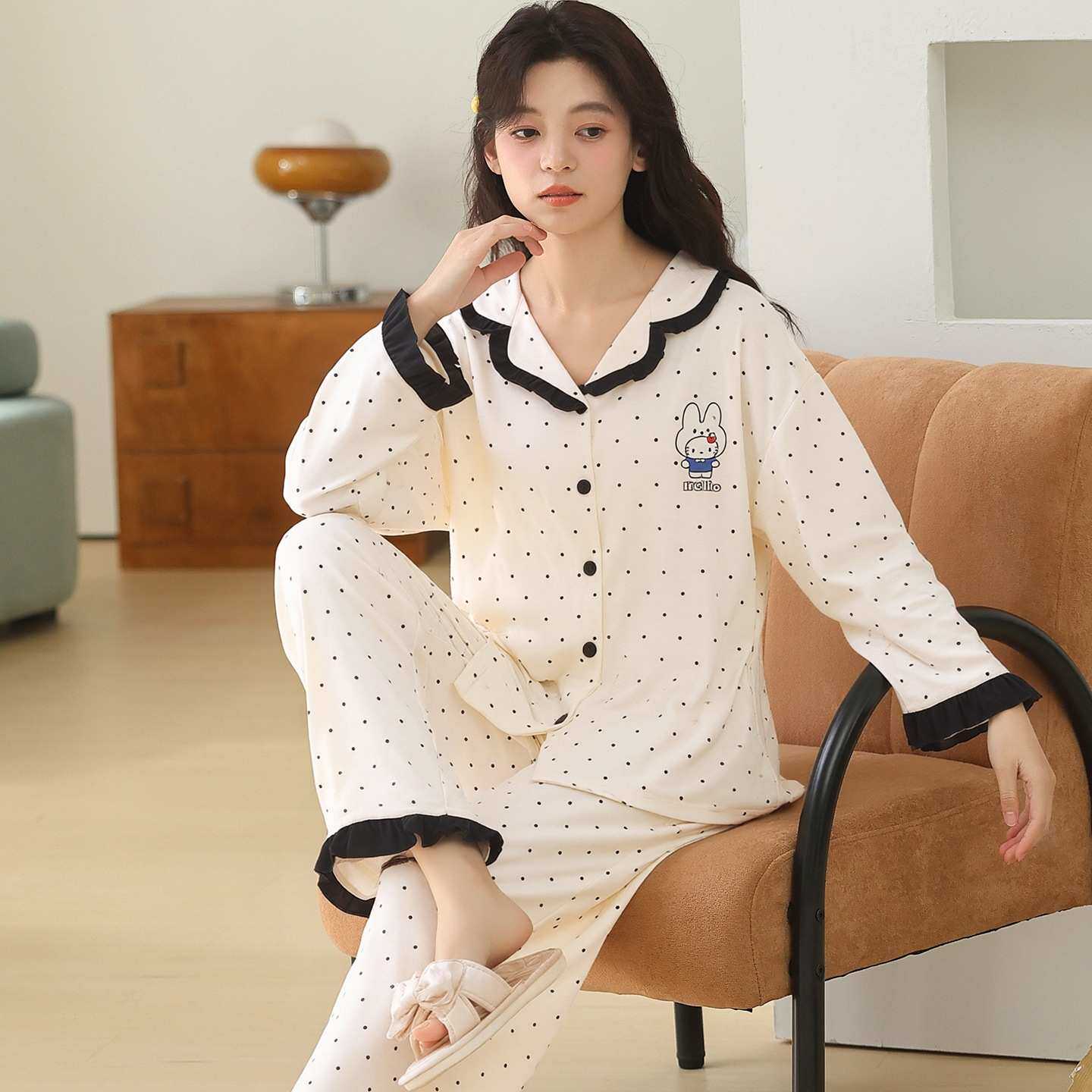 官方正品春秋款睡衣女款纯棉长袖卡通大码秋冬季女士自带胸垫家居