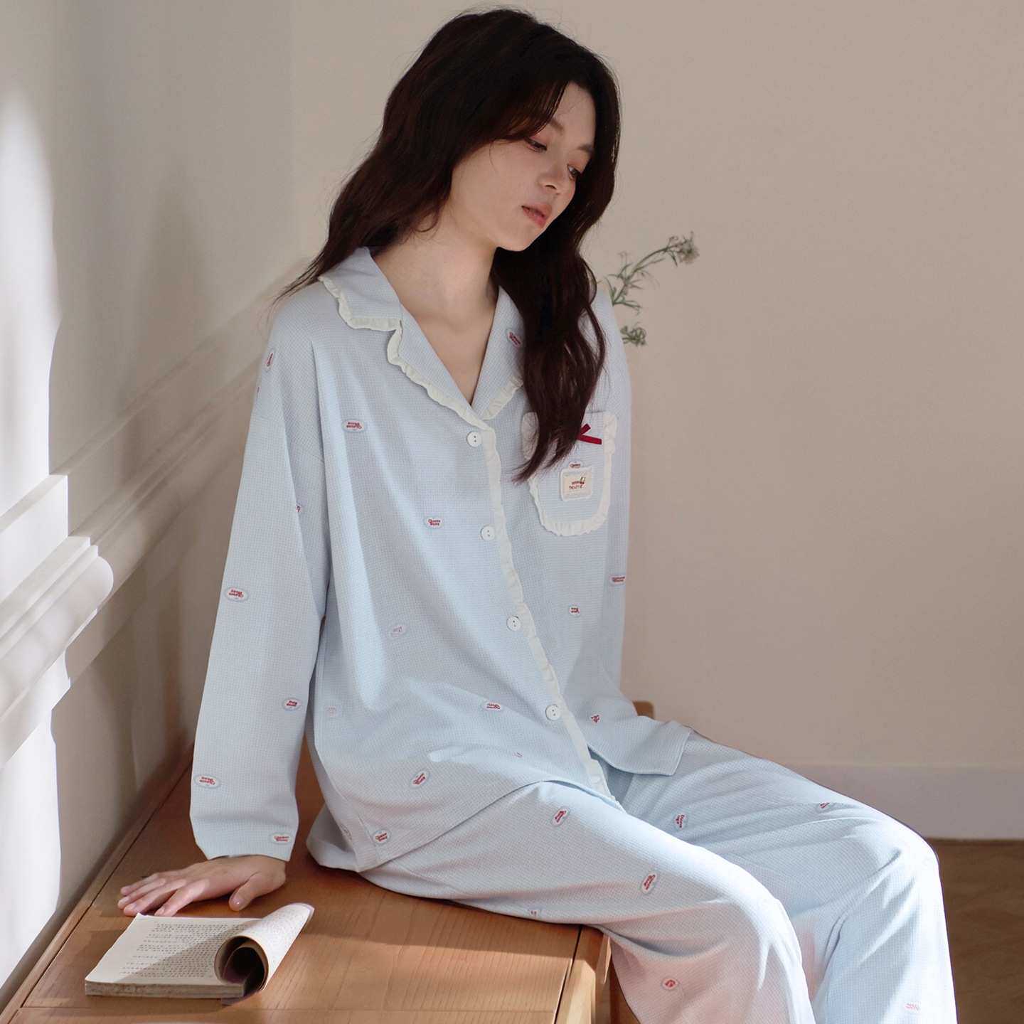 官方正品100%纯棉睡衣女长袖翻领可爱家居服春秋季高品质全棉宽松