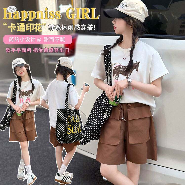 官方正品女童套装2026夏新款中大童卡通印花短袖T恤儿童工装裤短