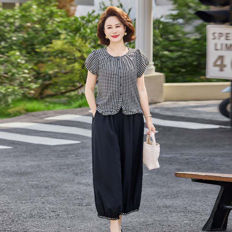 官方正品妈妈夏装格子短袖衬衫阔腿裤两件套中老年时尚减龄套装女